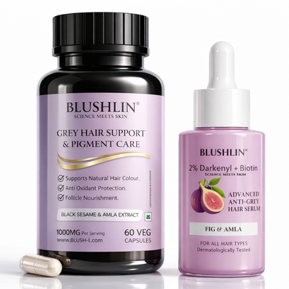 Blushlin Anti Grey Combo | 30ml Serum + 60 Capsules | Supports Natural Hair Pigmentation | Men & Women