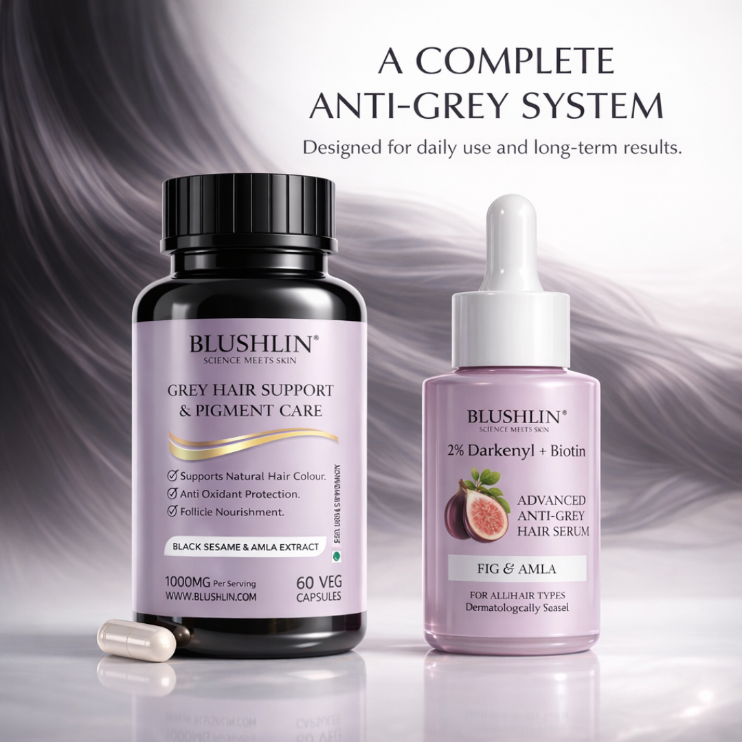 Blushlin Anti Grey Combo | 30ml Serum + 60 Capsules | Supports Natural Hair Pigmentation | Men & Women