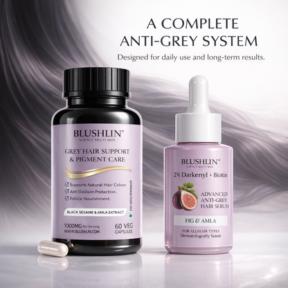 Blushlin Anti Grey Combo | 30ml Serum + 60 Capsules | Supports Natural Hair Pigmentation | Men & Women